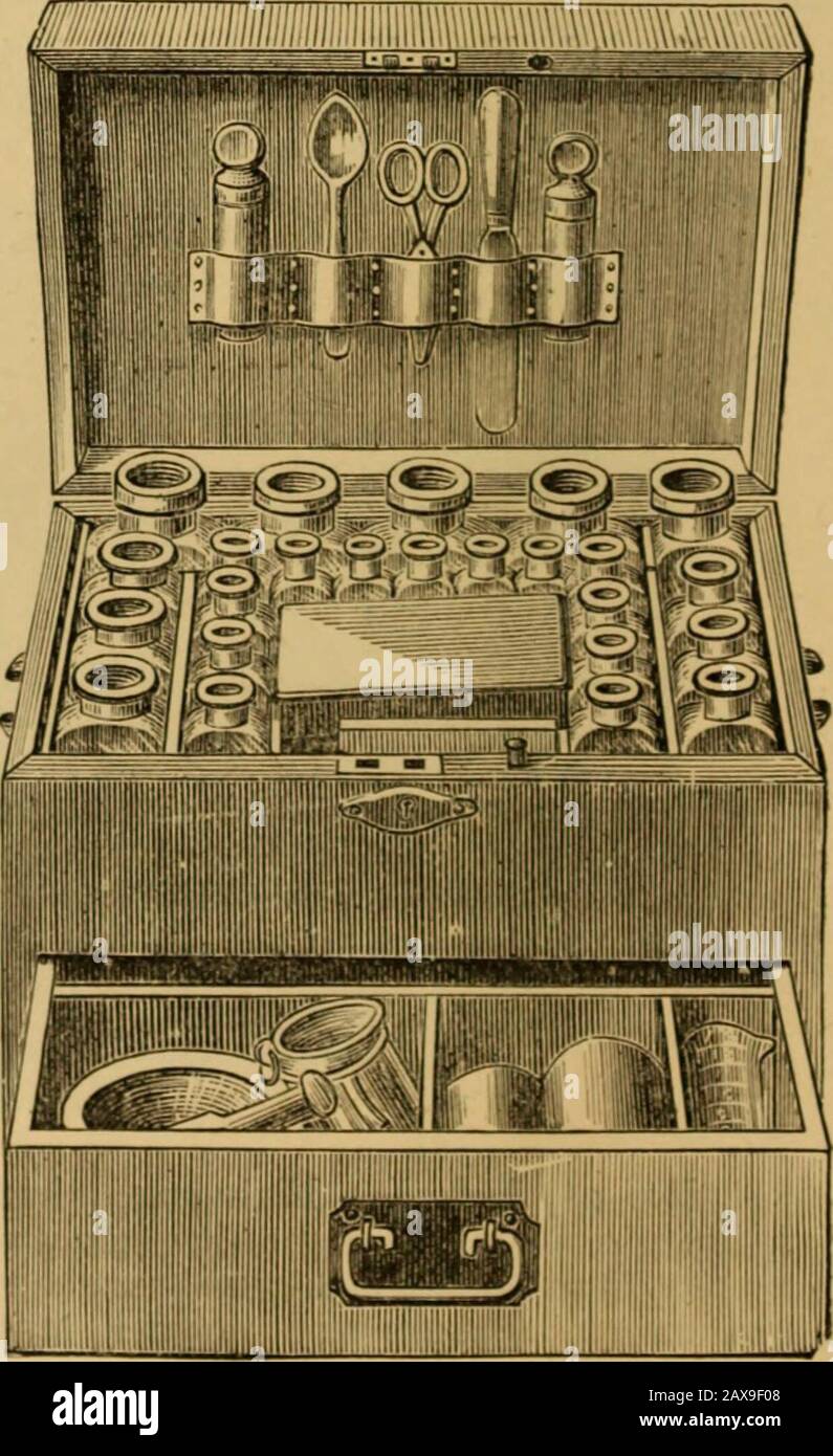 Catalogue of surgeons instruments and medical appliancesElectro-therapeutic apparatusSundries for the surgery and sick-room, medicine chests, etc . te glass bottles, cut rimsand stoppers (five 6 oz., eight 2 oz., eight 1^ oz., and ten ^ oz.), 2 glasspill cups with plated tops, mortar and pestle, scale and weights,graduated measure, and powder knife. Dimensions, 10 X 8 X 11 ins.Price £4 15 0 No. 24A. Fig. O.—ShipsChest, for 10 men and under,painted and grained, lid linedwith baize. Contains 49 plaingreen glass bottles (six 16 oz.,four 8 oz., twelve 4 oz., ten 2 oz.,seventeen 1 oz.), seven pots( Stock Photo