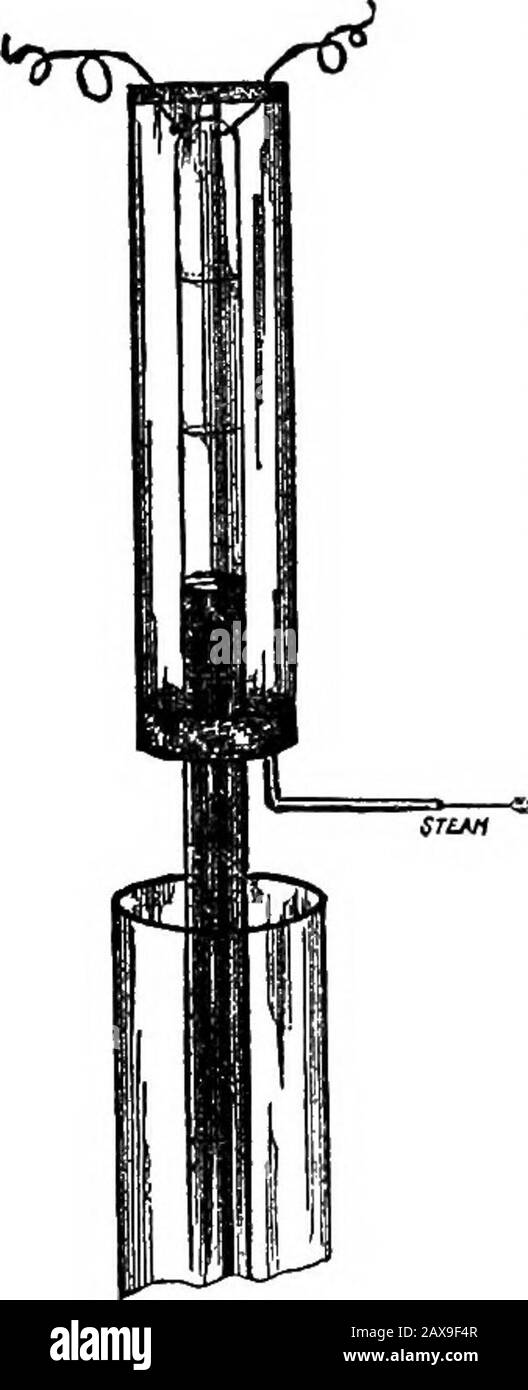 A college text-book of chemistry . mains in the form of vapor, as thetemperature inside the eudiometer isnearly that of boiling water, and thevapor is under diminished pressure.It is found that the volume of thewater-vapor is less than that of thegases introduced into the eudiometer. In order to securethe same pressure as that under which the gases weremeasured, the eudiometer must be lowered until theheight of the mercury column in it is the same as it wasbefore the explosion. On now measuring the volume ofwater-vapor, it will be found to be two-thirds that occu-pied by the uncombined gases. Stock Photo