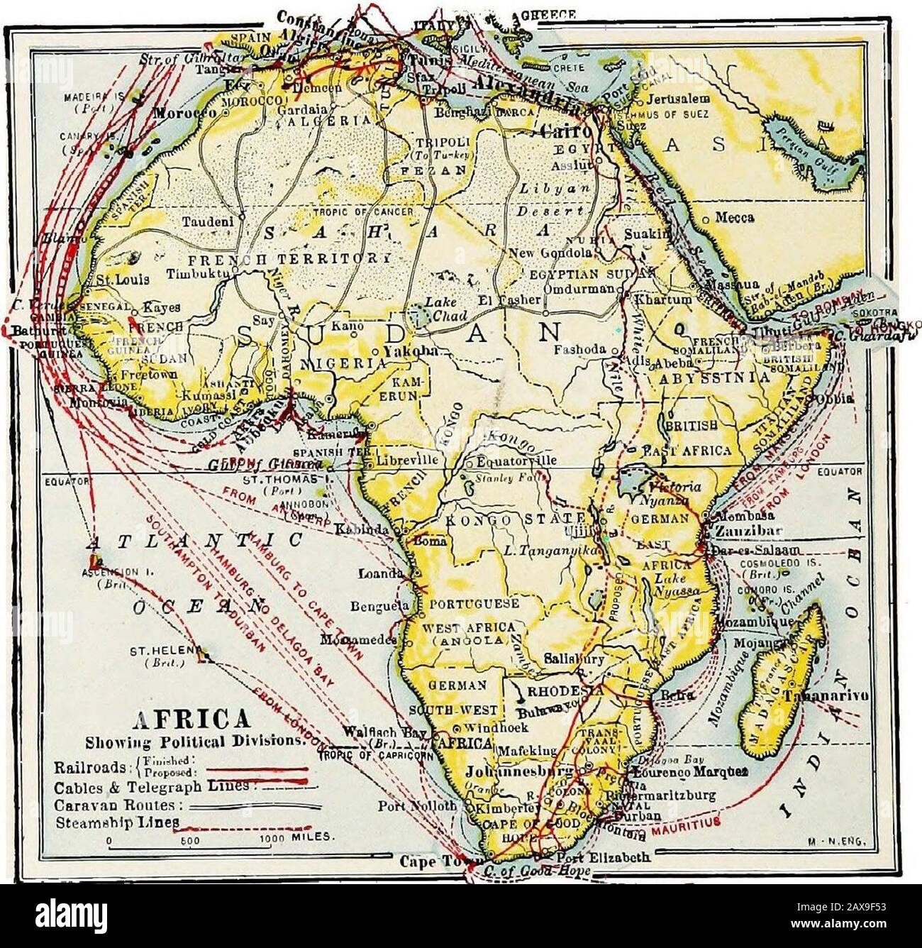 Commercial geography : a book for high schools, commercial courses, and business colleges . Belgians, Italians, and Spanish have variouspossessions. The partition of Africa was designed for the expansionof European markets. The population of Africa is aboutone hundred and seventy million, and the continent is prac-tically without manufacturing enterprises. The people,therefore, must be supplied with clothing and other com-modities. In 1900 the total trade of Africa with the restof the world was about one and one-third billion dollars,of which the United States had a little more than two jierce Stock Photo