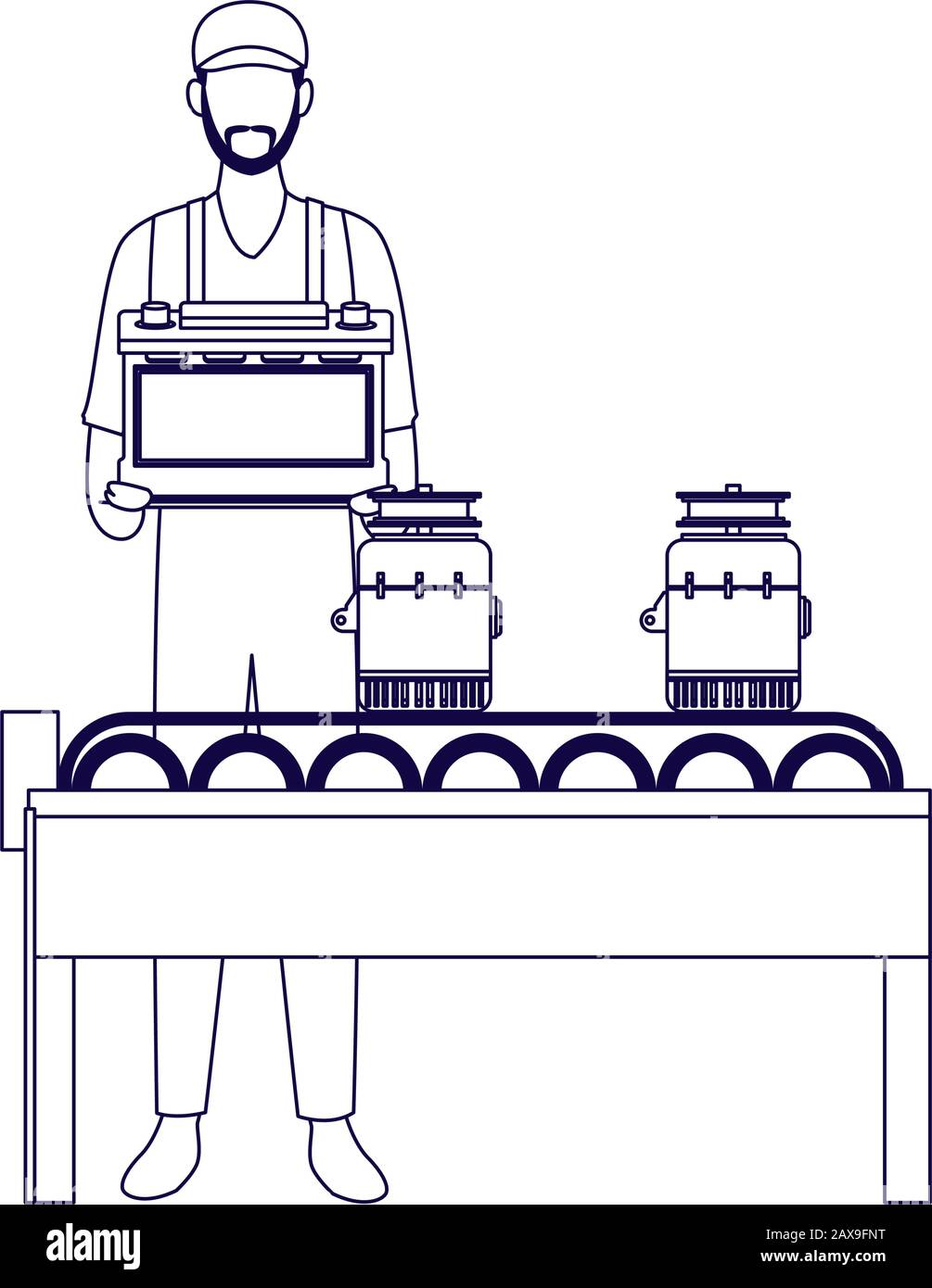 mechanic man holding a battery and car parts on transport band machine ...