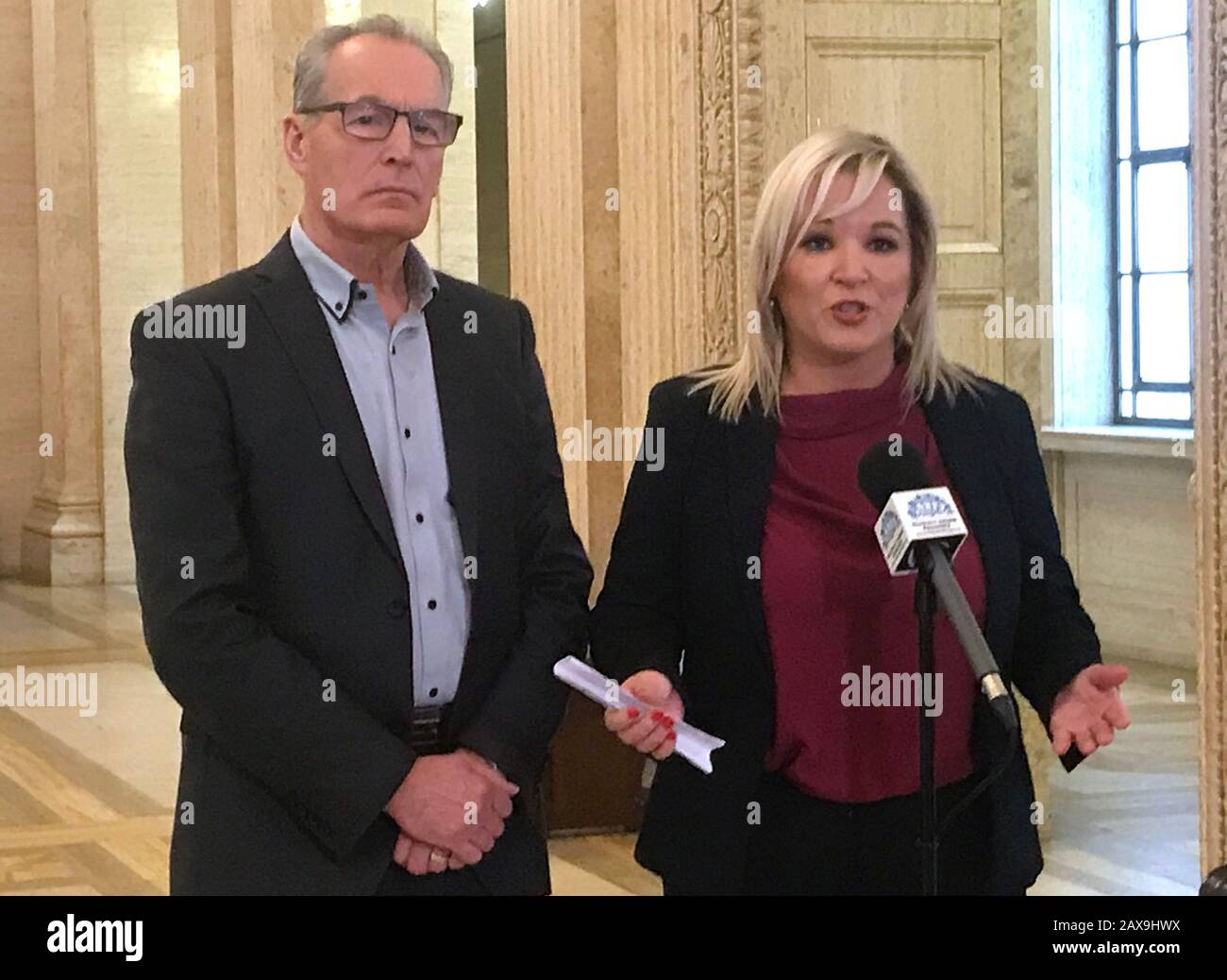 Sinn Fein vice president Michelle O'Neill with MLA Gerry Kelly speaking in Parliament Buildings in Belfast, they revealed they have been informed by the Police Service of Northern Ireland about a dissident republican plot against them. Stock Photo
