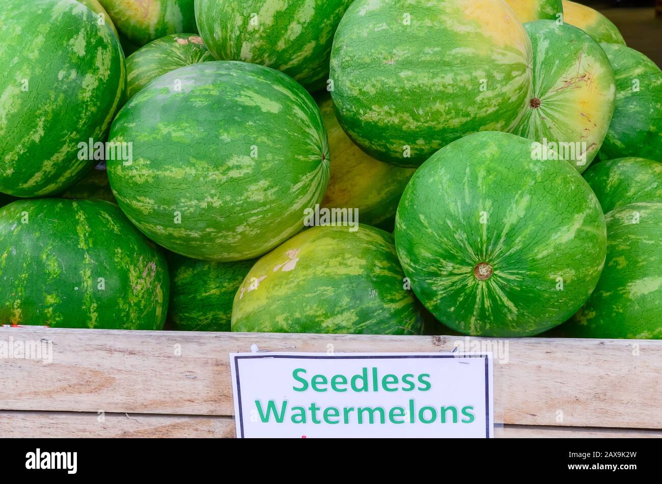 Seedless watermelons in wooden crate with price tag label at farmer market in USA Stock Photo