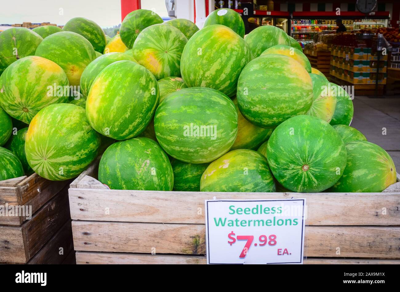 Raw seedless watermelons in wooden crate with price tag label at entrance of farmer market in