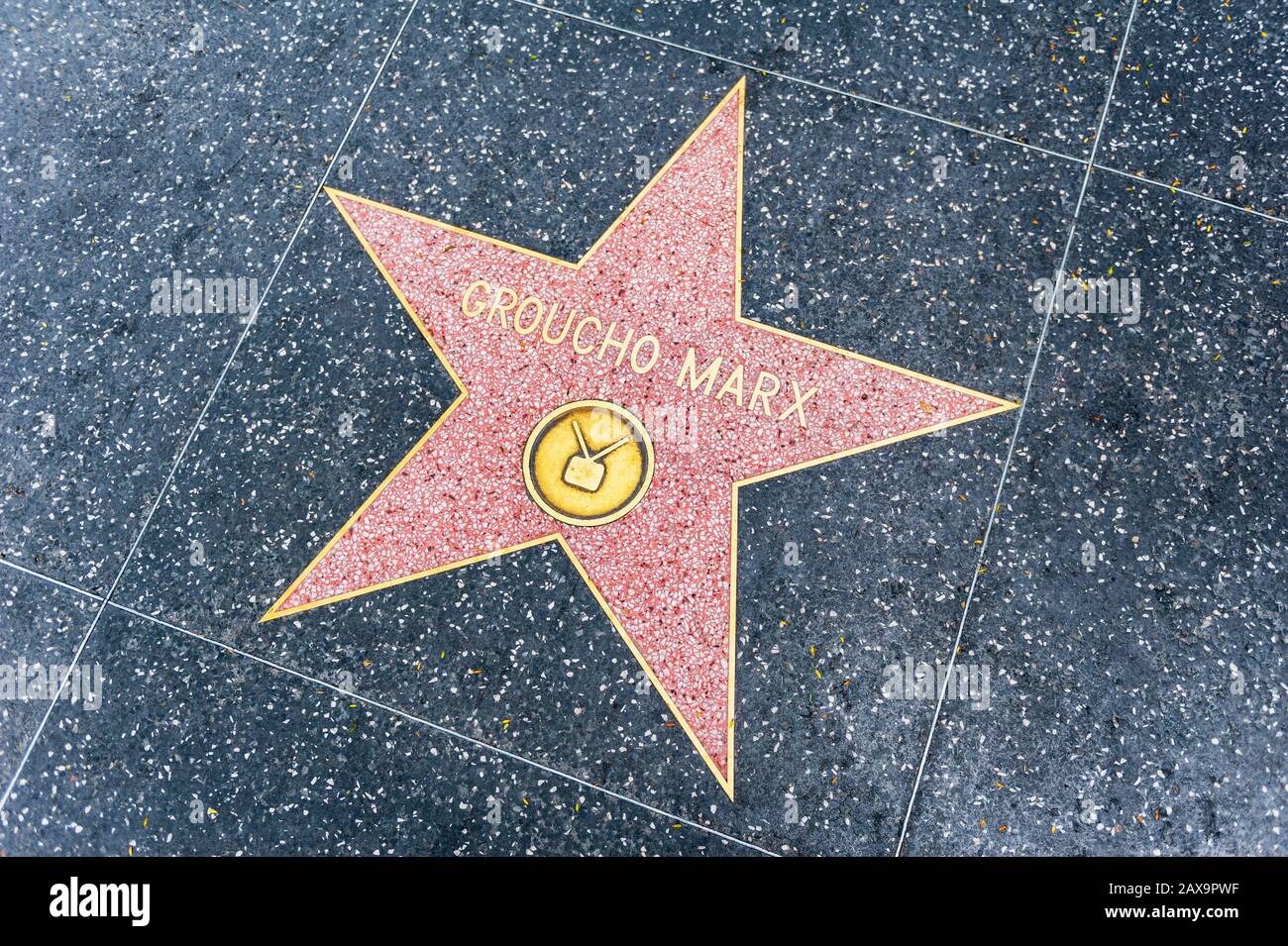 Groucho Marx star on Hollywood Walk of Fame in Hollywood, California, USA. He.was an American actor and comedian, active from 1905-1976. Stock Photo