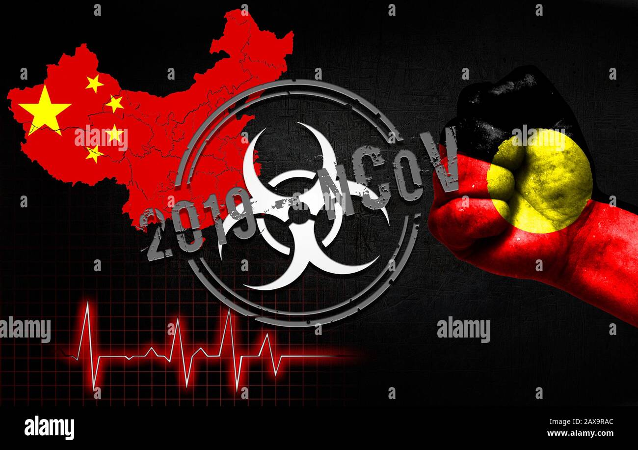 The concept of an epidemic in China with a virus named 2019-CoV, with the flag of Australian Aboriginal on the fist of a man. Stock Photo