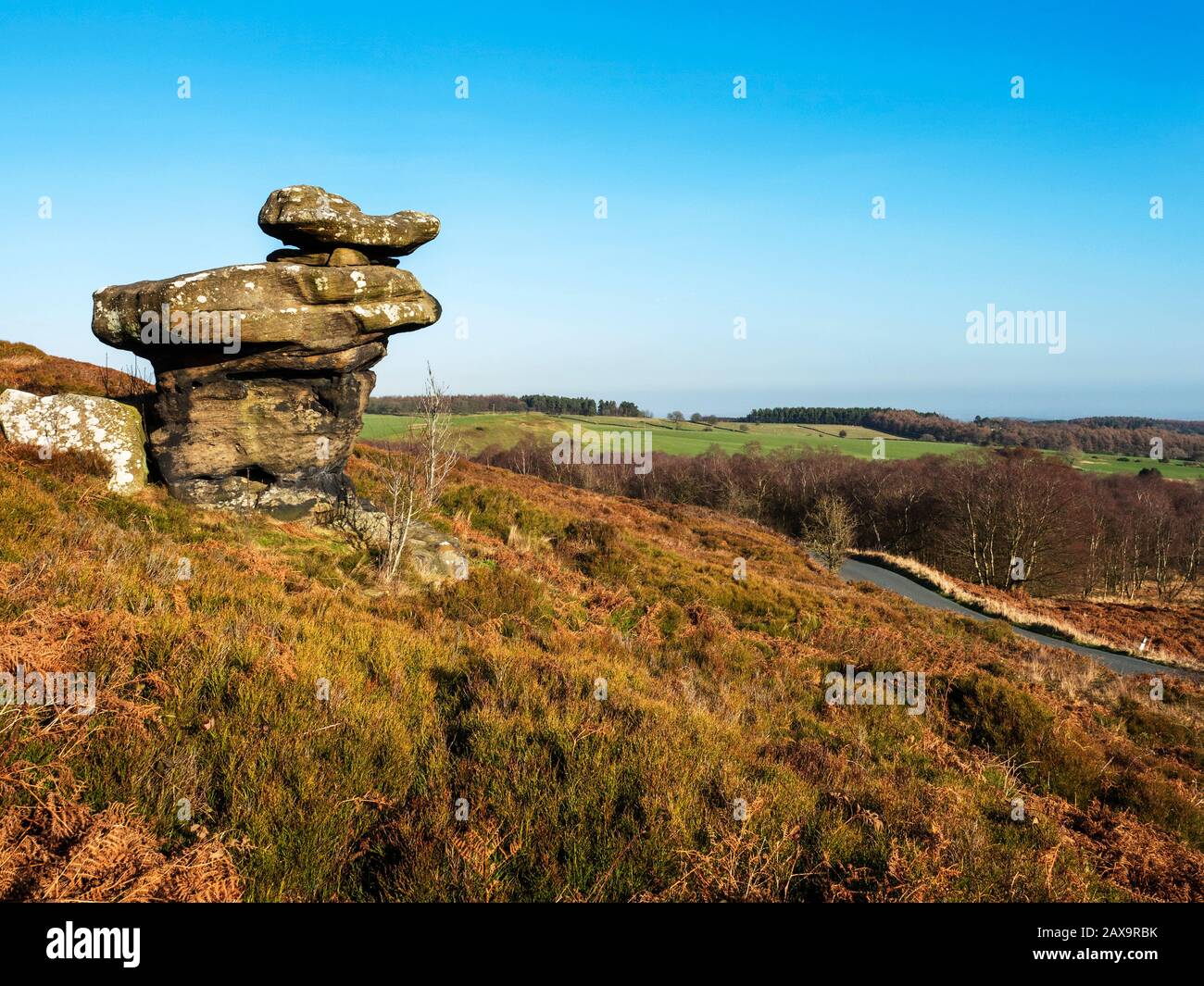 Gritstone rock formation at Hare Heads on Brimham Moor Nidderdale AONB North Yorkshire England Stock Photo