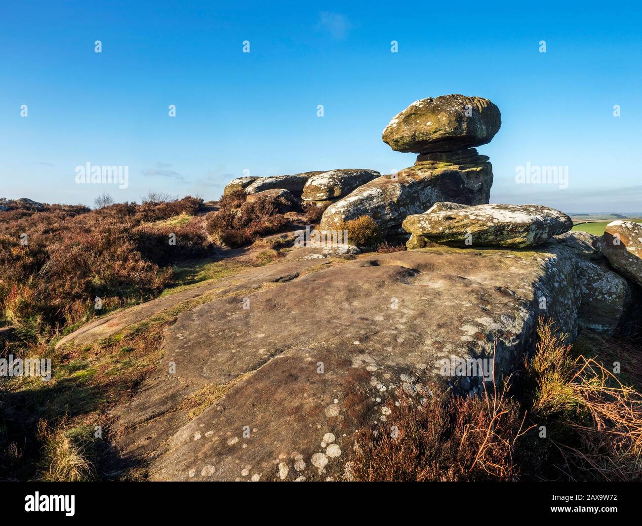 Mushroom Rock gritstone rock formation on the northern edge of Brimham Moor Nidderdale AONB North Yorkshire England Stock Photo