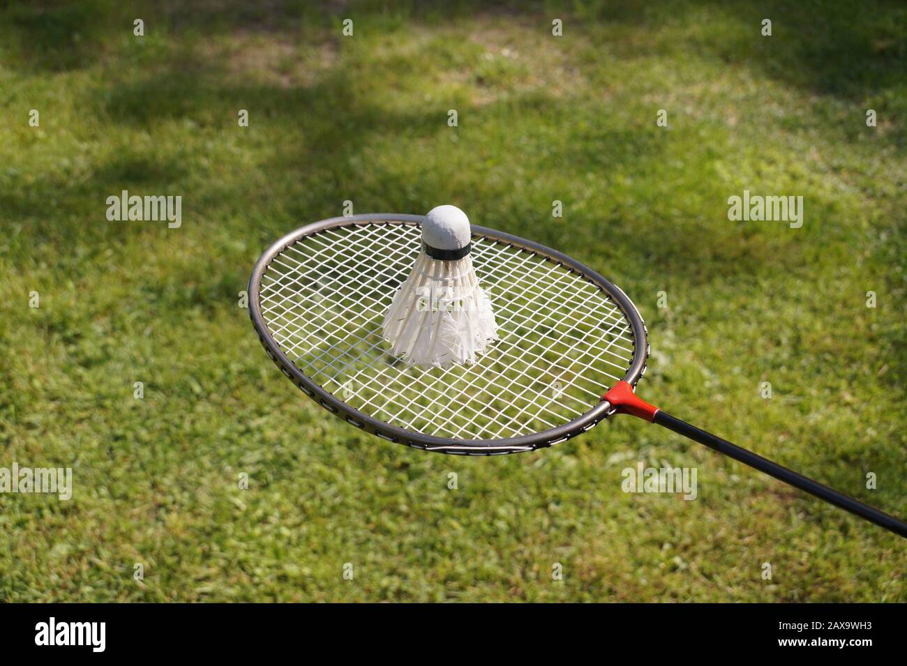 Green grassy playground background. Badminton racket with a shuttlecock made from goose feathers. Stock Photo