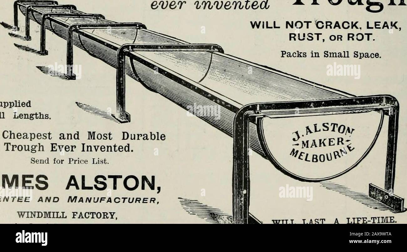 The Journal of the Department of Agriculture, Victoria . Alstons Improved Patent PortableSteel Framed Galvanized Stock The Best Troughever invented Trough WILL NOT CRACK, LEAK,RUST, OR ROT. Packs in Small Space.. Supplied feE  In AU Lengths. The Cheapest and Most DurableTrough Ever Invented. Send for Price List. JAMES ALSTON, Patentee and Manufacturer,WINDMILL FACTORY, Queens-bridge, Melbourne. WILL LAST A LIFE-TIME. Iaenteil Throu-liout Australia. THe JOURNAI9 OF LIBRAR NBW Y05 botanic QaRDGJOP Y^e department of Mgncufture; VICTORIA. Vol. X. Part 9. loth September, 1912. SOME RESULTS IN FALLO Stock Photo