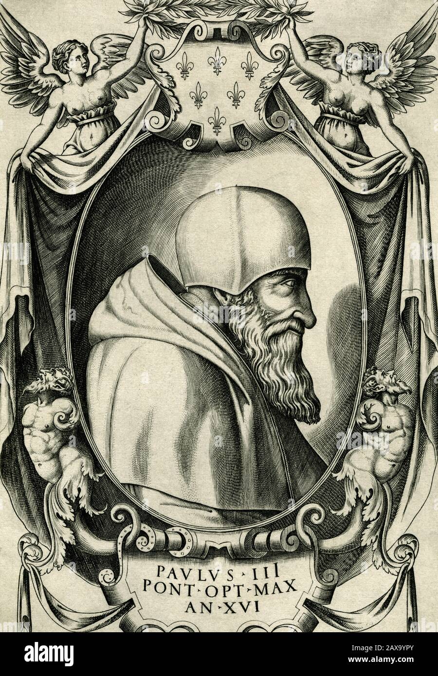 Pope Paul III (1468-1549) who led the Counter-Reformation and was a significant patron of the arts.  Copperplate engraving created in the 1600s by engraver and printmaker Friedrich von Hulsen (c.1580-1665).   Pope Paul III established new religious orders, such as the Jesuits and the Barnabites, and convened the Council of Trent in 1545. He supported the Renaissance movement and Michelangelo's depiction of the Last Judgement was completed in the Sistine Chapel of the Vatican during his reign; he also appointed the ailing Michelangelo to supervise the rebuilding of St Peter's Basilica. Stock Photo