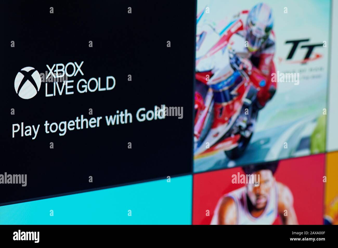New-York , USA - February  11, 2020: xbox live gold subscription  for gaming on tv screen close up Stock Photo