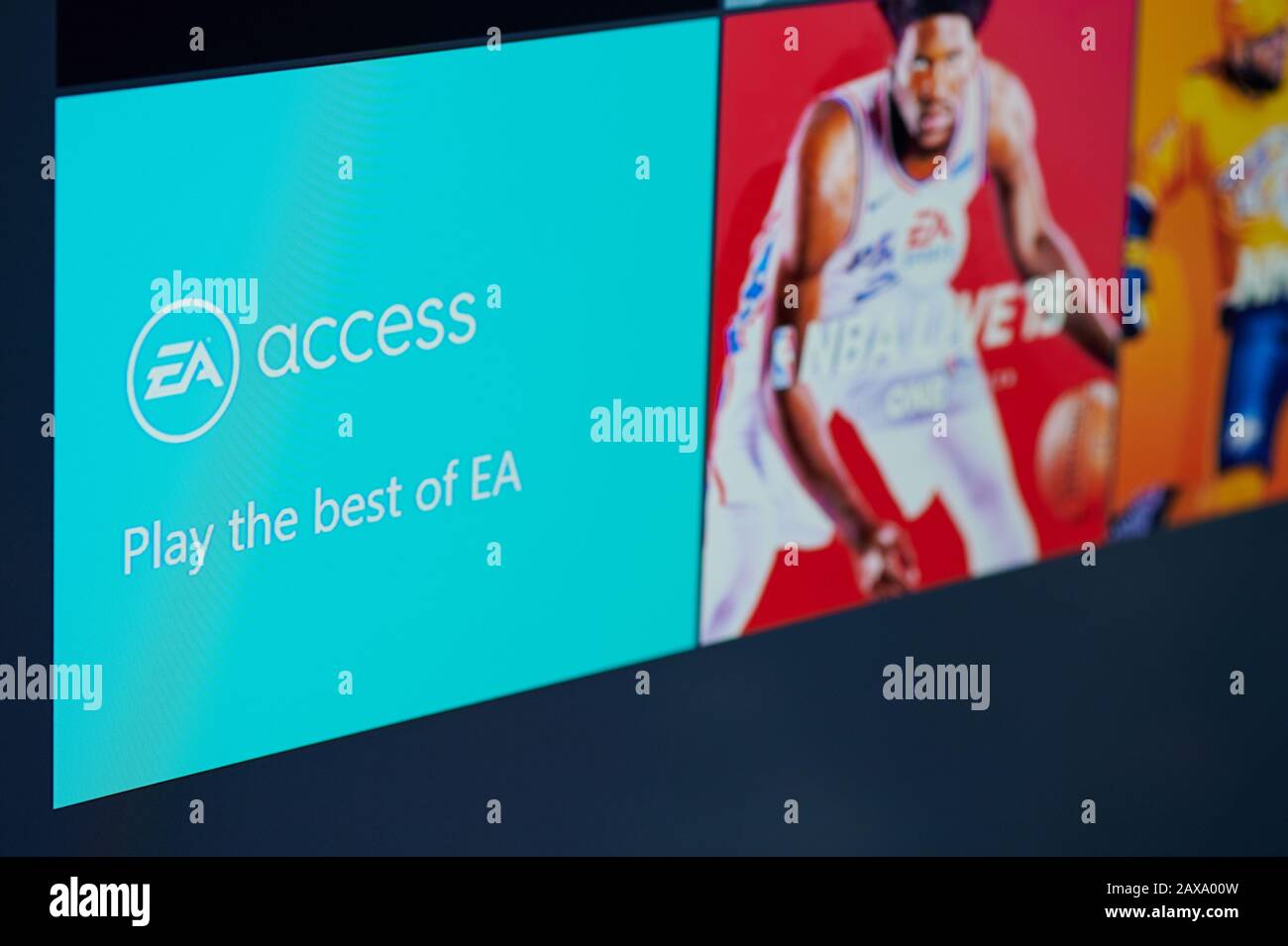 New-York , USA - February  11, 2020: EA access subscription for xbox on tv screen close up Stock Photo
