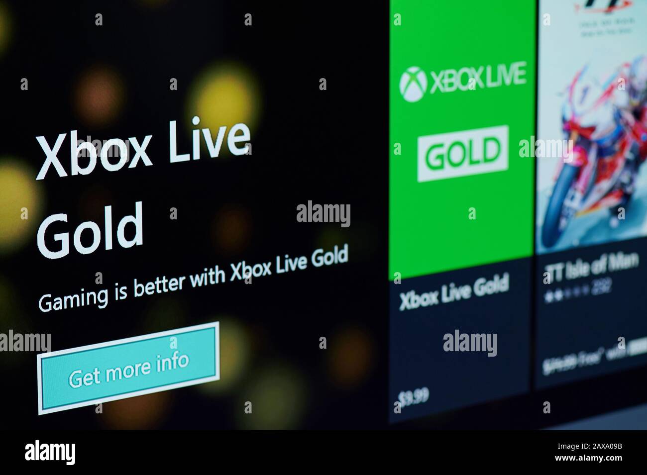 New-York , USA - February  11, 2020: Xbox live gold subscription for gaming on tv screen close up Stock Photo