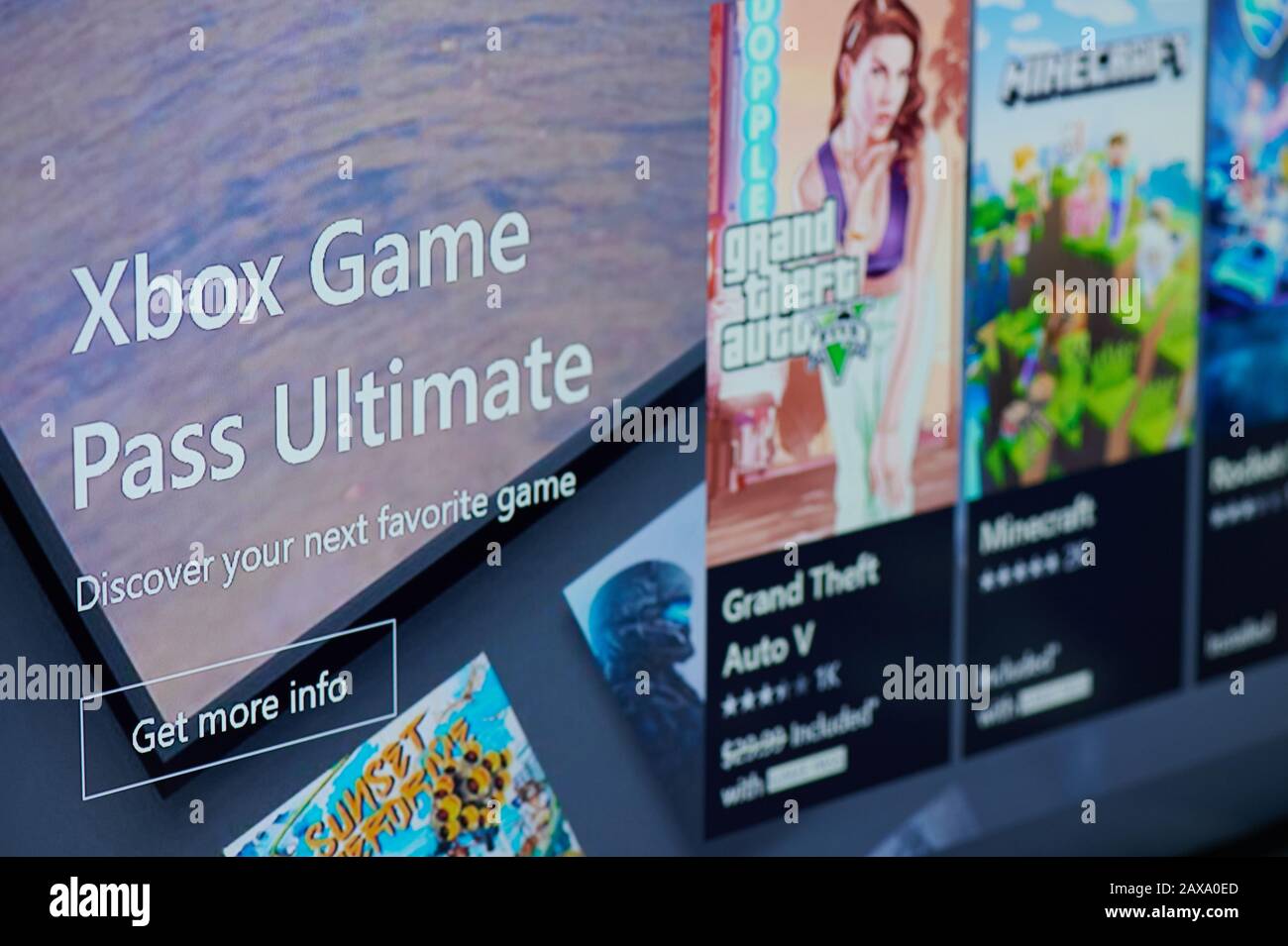 New-York , USA - February  11, 2020: Xbox game pass ultimate for gaming on tv screen close up Stock Photo