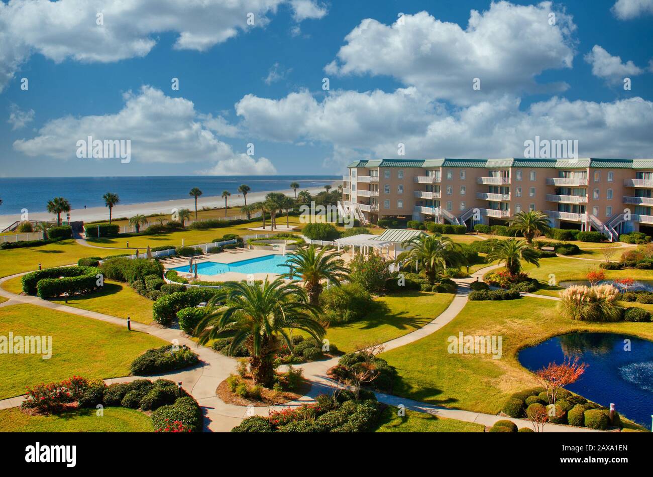 Swimming Pool and Grounds at a Beachside Condo Stock Photo