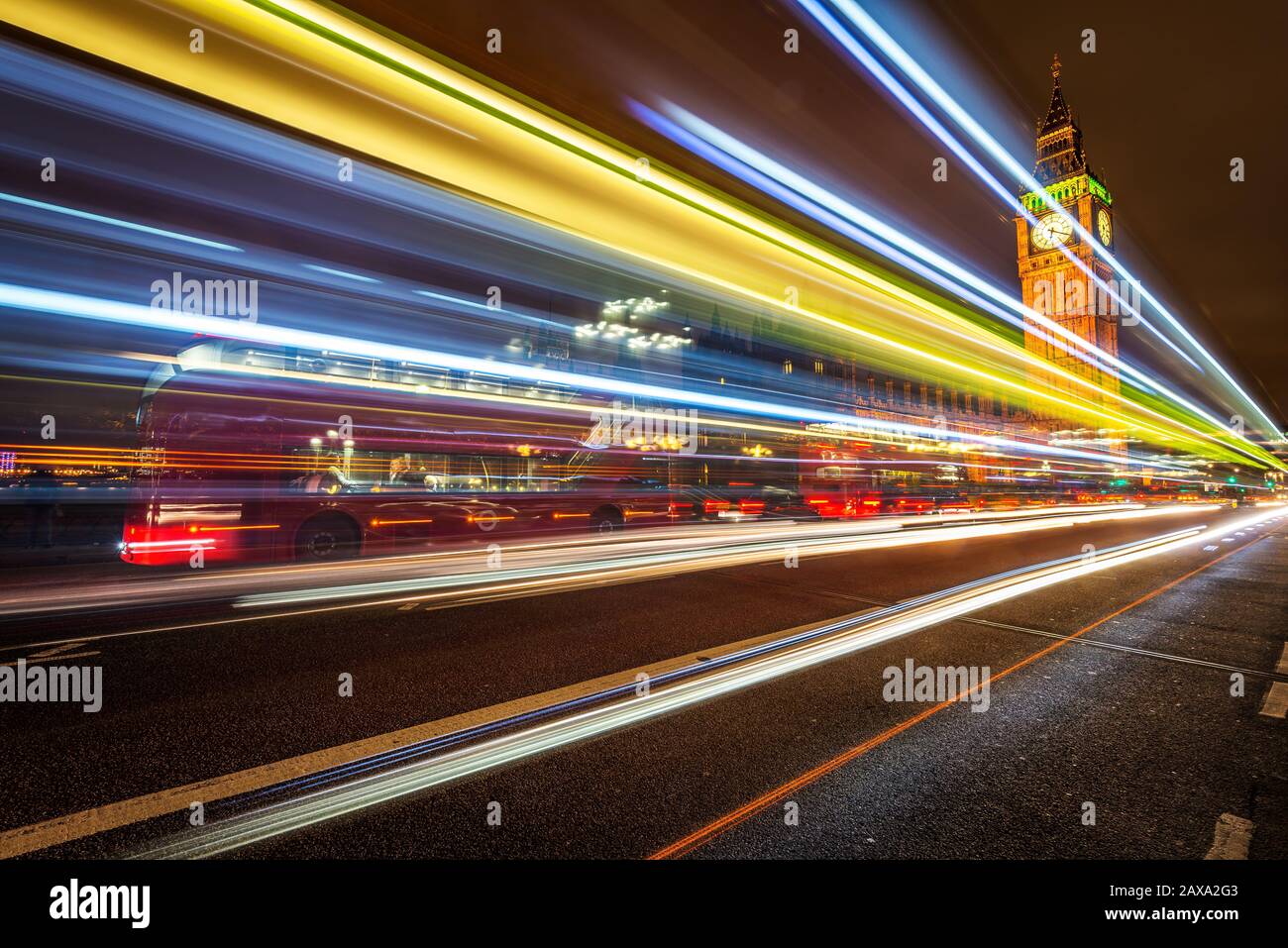 houses of parliament,big ben,elizabeth tower,westminster bridge,night,traffic,rush hour,traffic trails,long exposure,london,england,uk Stock Photo