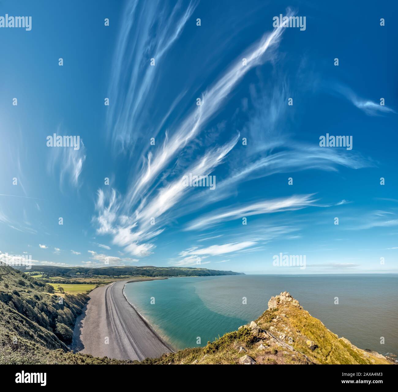 a beautiful formation of cirrus clouds cirrus uncinus often called mare s tails view over bossington beach exmoor uk from hurlstone point stock photo alamy