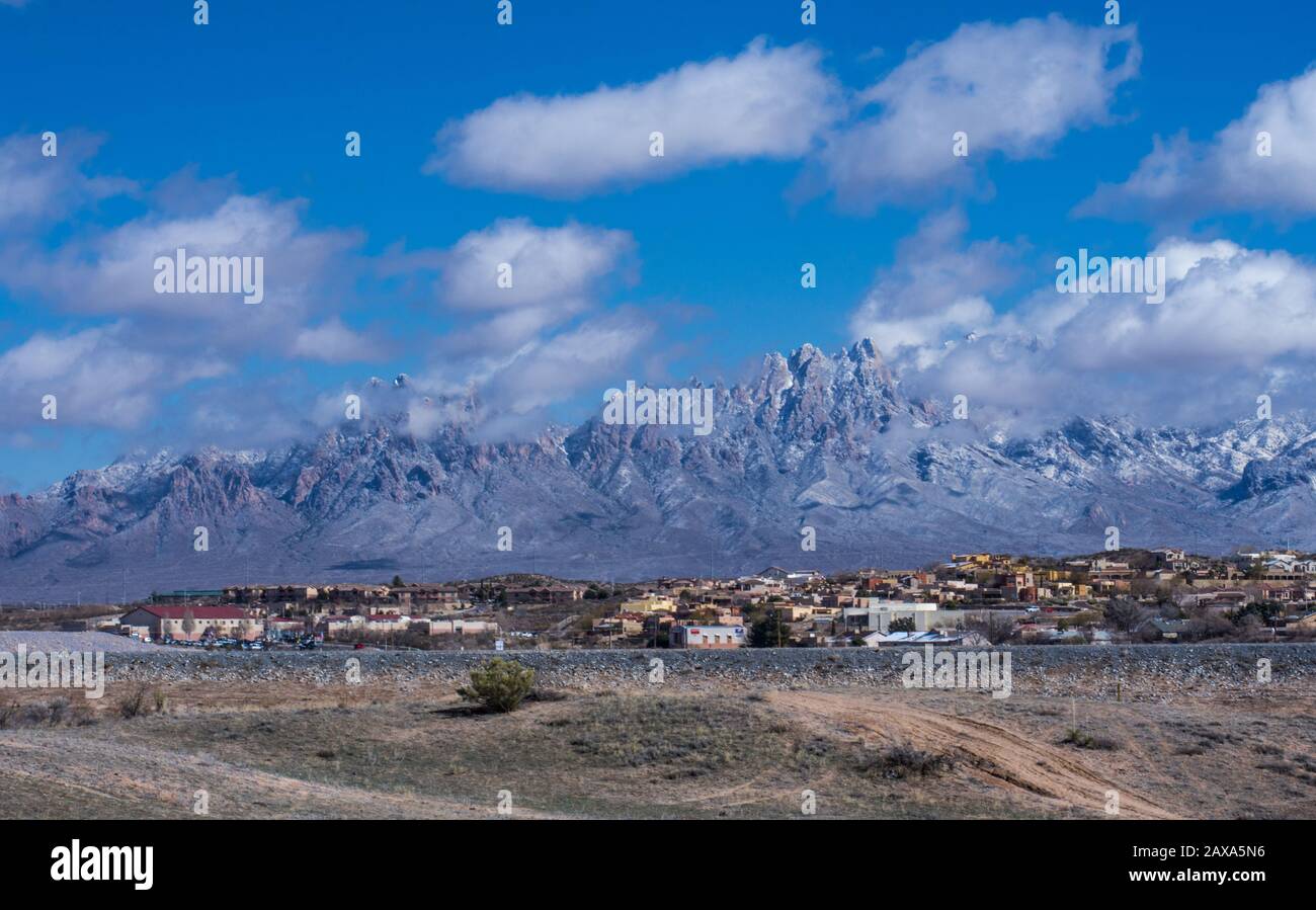 Snow dust on the Organ Mountains, Las Cruces New Mexico Stock Photo