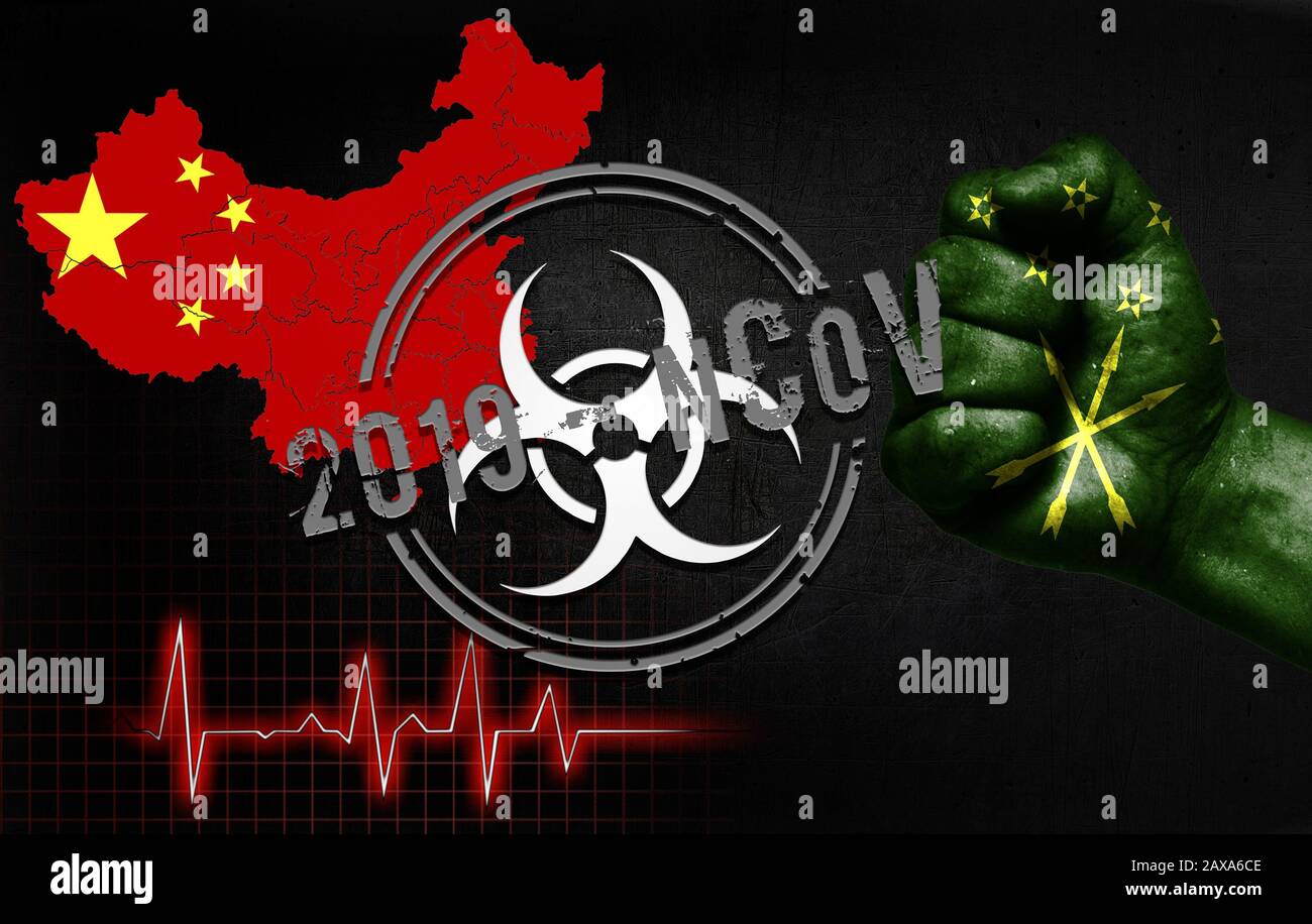 The concept of an epidemic in China with a virus named 2019-CoV, with the flag of Adygea on the fist of a man. Stock Photo