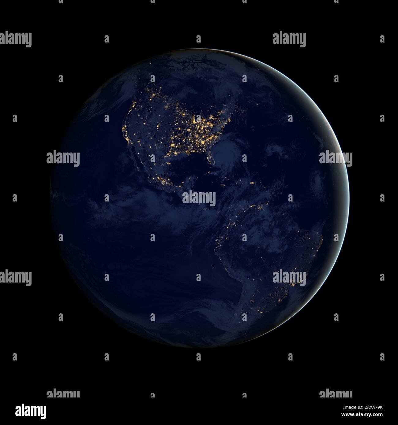 This image of North and South America at night is a composite assembled from data acquired by the Suomi NPP satellite in April and October 2012. The new data was mapped over existing Blue Marble imagery of Earth to provide a realistic view of the planet. This image's striking nighttime view was made possible by Suomi's 'day-night band' of the Visible Infrared Imaging Radiometer Suite. VIIRS detects light in a range of wavelengths from green to near-infrared and uses filtering techniques to observe dim signals such as city lights, gas flares, auroras, wildfires, and reflected moonlight. In this Stock Photo