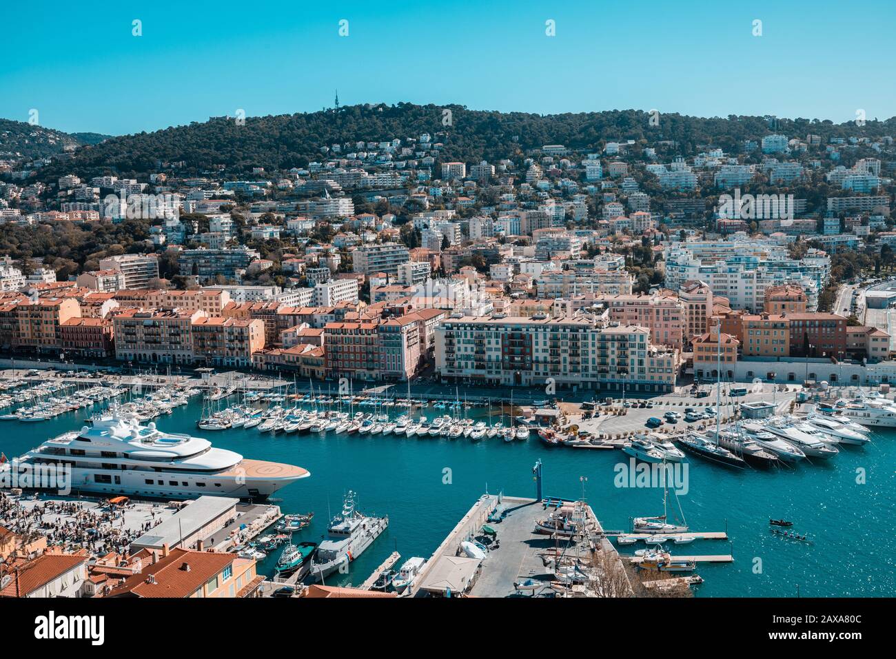 Harbour of Nice on a sunny summer day, with yacht regrouped in the mediterranean marina Stock Photo
