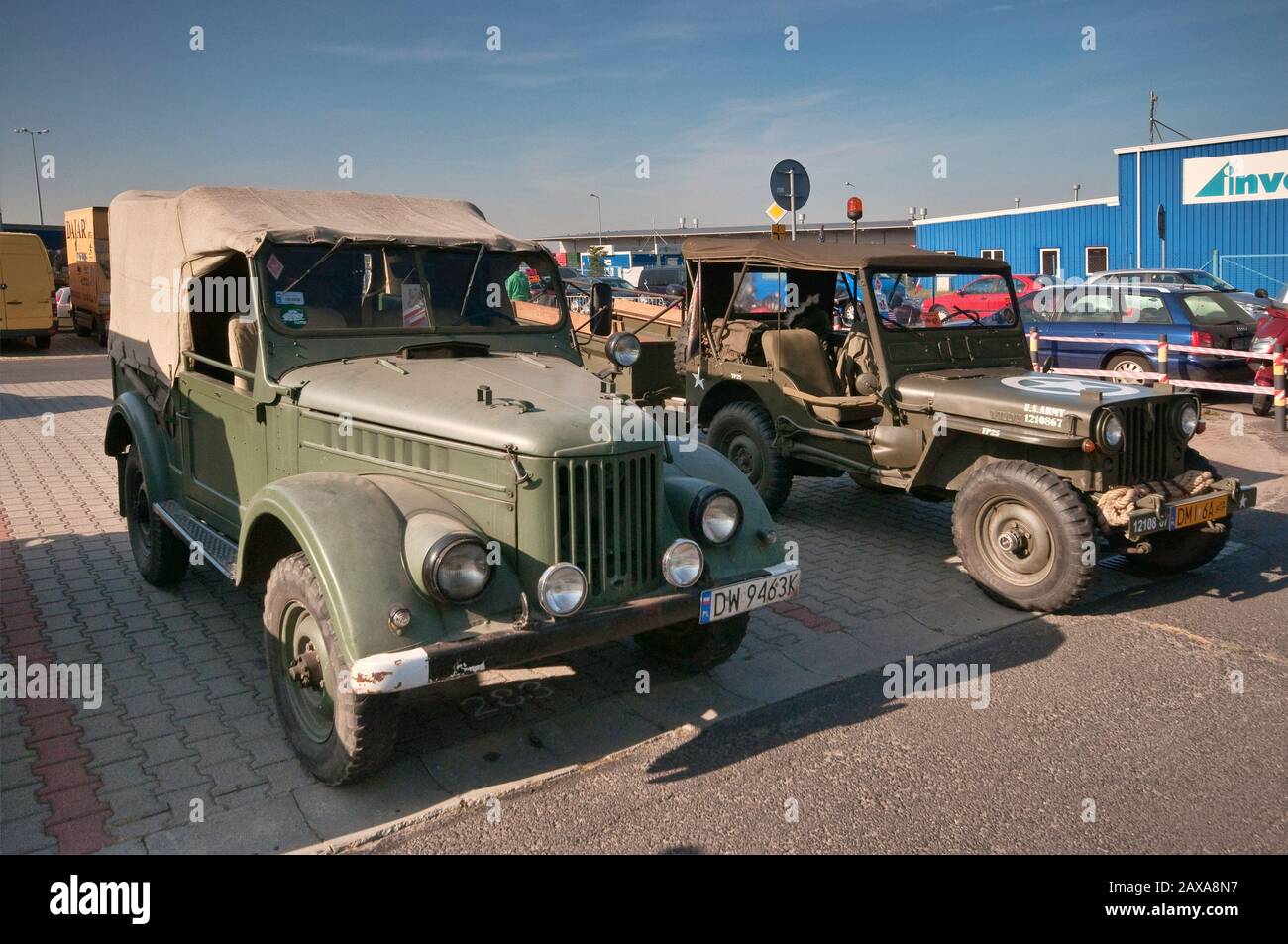 1950's GAZ-69, Soviet light truck and WW2 American Willys MB jeep, Oldtimer Bazar fair in Wroclaw, Lower Silesia, Poland Stock Photo