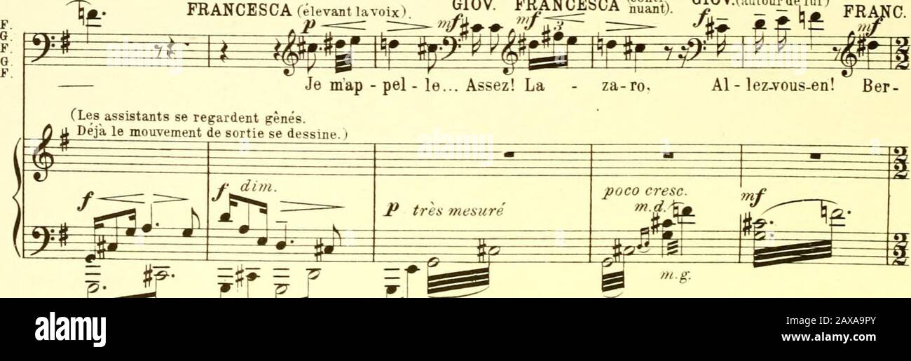 Scemo : drame lyrique en trois actes et cinq tableaux . FEANCESCA (élevant lavoix). S^O^. FRANGESCASSï^t). GIOV.(..u«e^ij) ^. ? ?y r Modéré. ^ (un peu plus de voix) Assez Animé. 209 ^pptpjf Pir ^jTi J p s gerGlOW.ff (Ucache son visage dans j^ veille de Pà ses mains.) ques... les clo - ches re ? „.r:^-^f|ffPf&gt;r7f^rf T Assez! Ah!Ah!Ah!Ah!Ah!   Ah! Ah!Modéré. Stock Photo