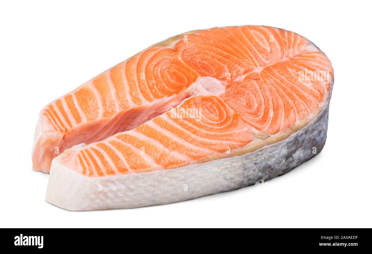 Single raw wild salmon steak isolated on a white background Stock Photo ...