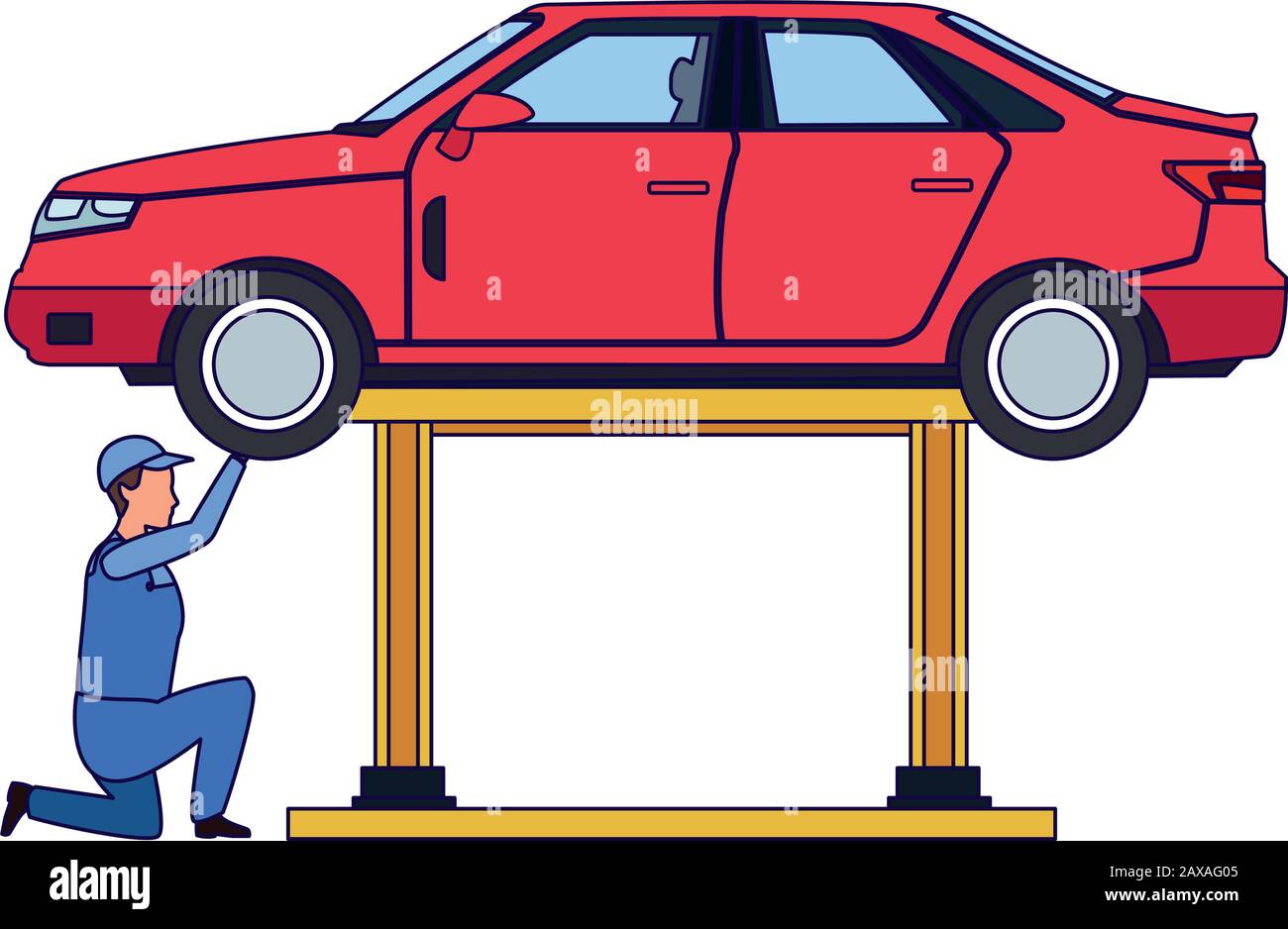 mechanic under a lifted car fixing it, colorful design Stock Vector ...