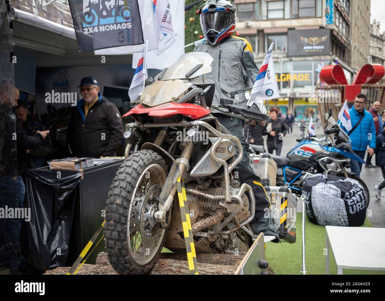 Serbia, Feb 7, 2020: BMW off road motorcycle exposed at Knez Mihailova Street in Belgrade city center Stock Photo