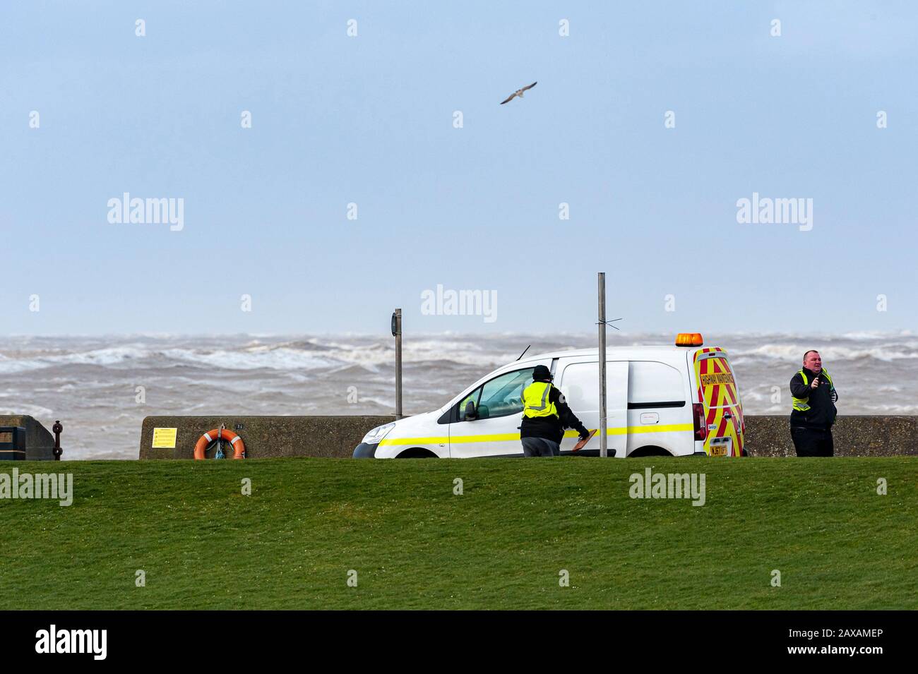 New Brighton, Wirral, UK. 11th February 2020. The aftermath of Storm Ciara continues to hit New Brighton, on the Wirral peninsula.  With strong gale force winds and flooding, the cleanup operation now begins.  Credit: Paul Warburton/Alamy Live News Stock Photo