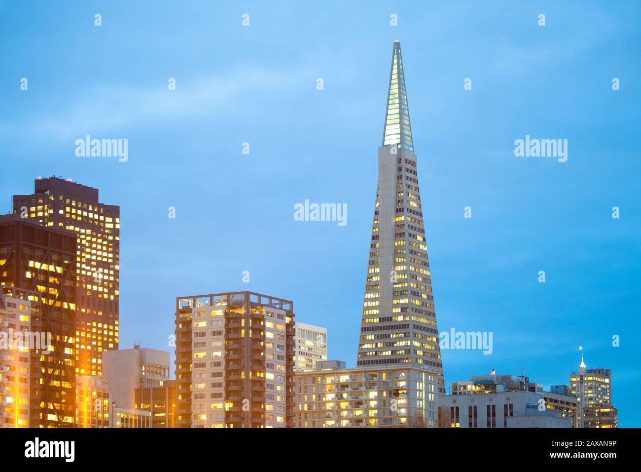 Skyline of  buildings at Financial District in San Francisco at night, California, United States Stock Photo