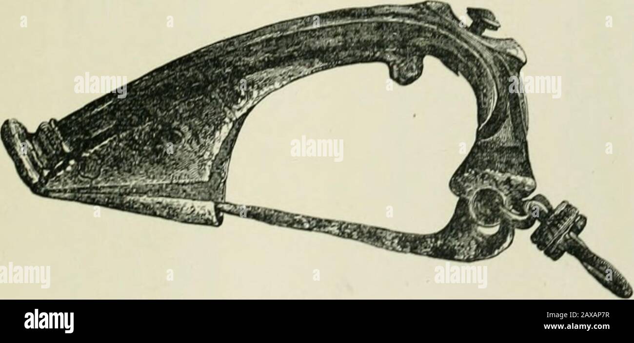 Ancient Scottish lake-dwellings or crannogs : with a supplementary chapter on remains of lake-dwellings in England . Fig. 141. —Fibula (J). 16. A much corroded pickaxe was found about themiddle of the lake area. The end of the axe portion isnearly 5 inches broad, and the whole length of the imple-ment is 22 inches.. Fig. 142.—Fibula (}). (b.) Articles made of Bronze or Brass.—1. Two fibulae,represented full size in Figs. 140 and 141, found about thecentre of the refuse-heap. Figs. 142 and 143 represent side l 130 ANCIENT SCOTTISH LAKE-DWELLINGS. and back views of a third fibula, much more elab Stock Photo