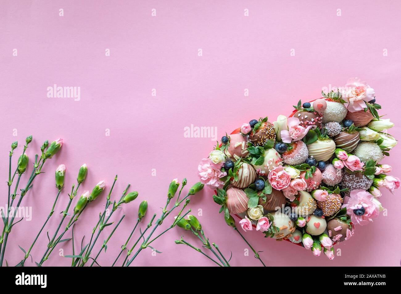Heart Shaped Box With Chocolate Covered Strawberries And Flowers As A Present On Valentines Day On Background With Free Space For Text Stock Photo Alamy