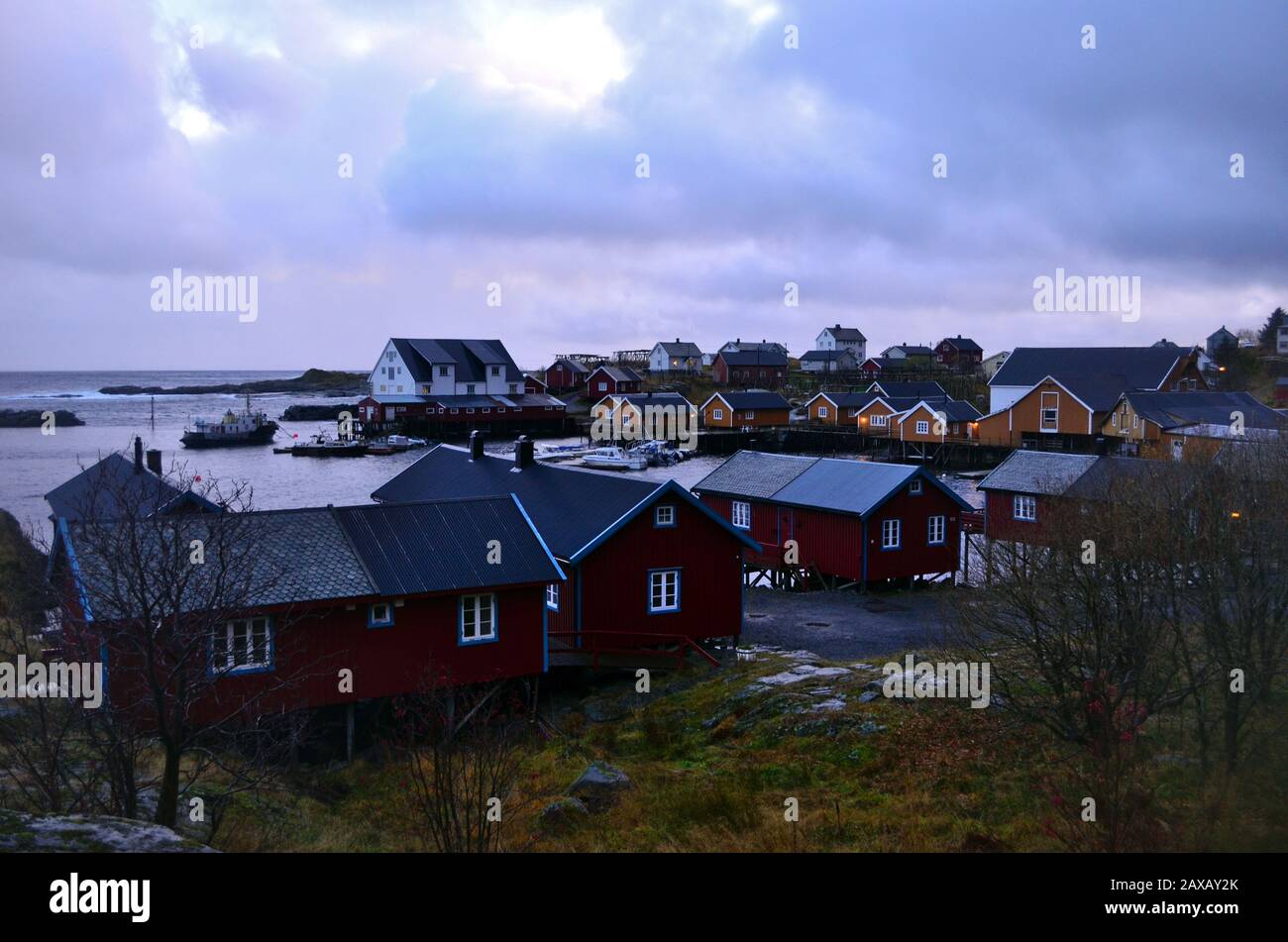 Red rorbuer houses on Lofoten Islands Stock Photo