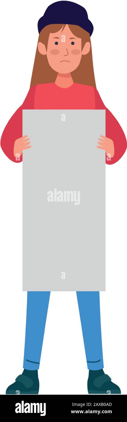 cartoon young girl standing and holding a blank sign, colorful design ...