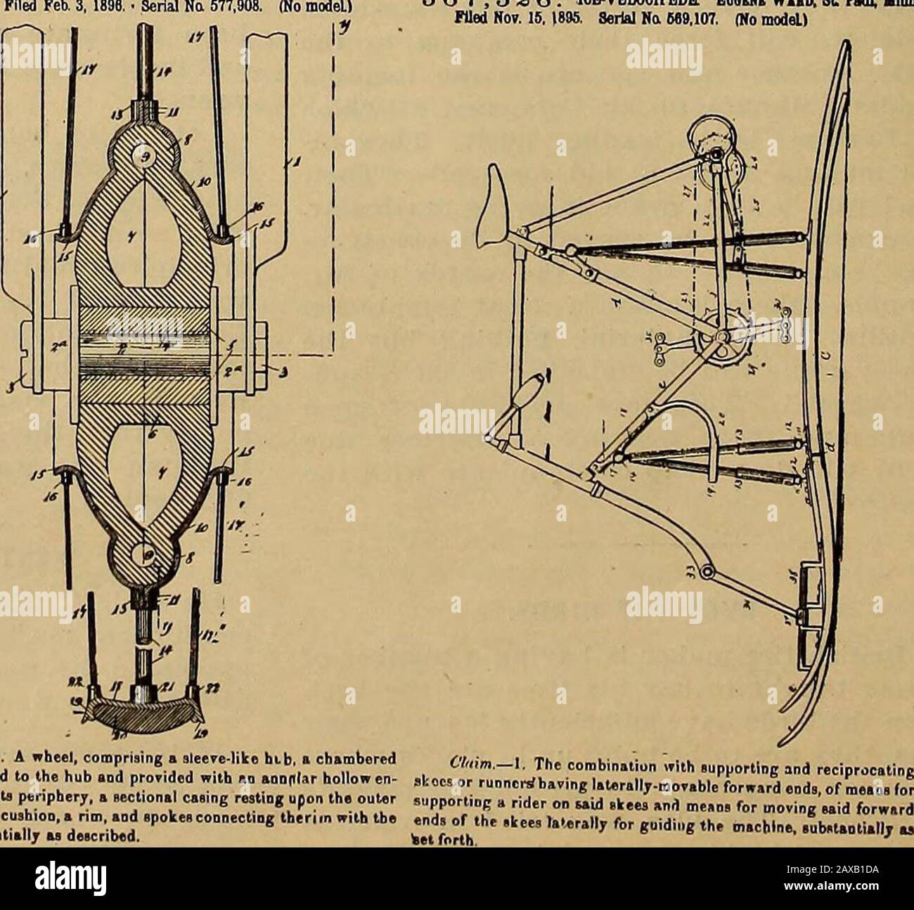 The Wheel and cycling trade review . Chlm.~. To a bicycle, the cranl the strap metal bent around to form eyes or loops and parallelbers, said loop portions being fitted peripherally inside of, and &gt;the ends of, the tube, and having Its said members extendedwardly through said kerfs and aSordiog. A wheel, comprisingI to the hub aud provided with an annftfar hollow en?s periphery, a sectional casing resting upon thelion, a rim, and Bpoki Stock Photo