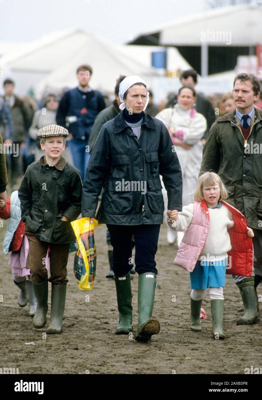 Peter Phillips, HRH Princess Anna and Zara Phillips attend the Badminton Horse Trials Britain April 1986 Stock Photo