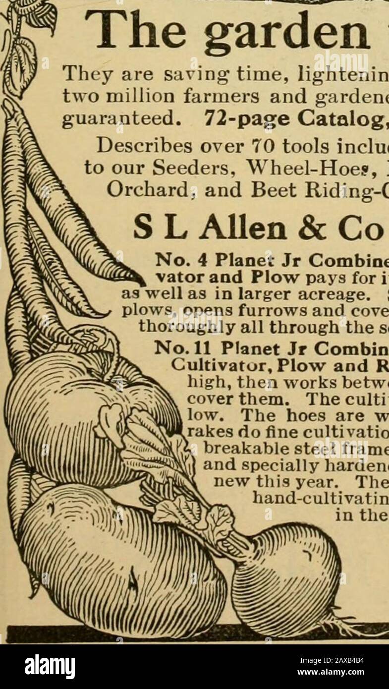 Gleanings in bee culture . ! Describes over 70 tools including 13 entirely new ones, and improvements/to our Seeders, Wheel-Hoe?, Horse-Hoes, Harrows, and Corn, Potato,Orchard, and Beet Riding-Cultivators. Write for it today ! SLAUen&Co Box 1106S Philadelphia No. 4 Planet Jr Combined Hill and Drill Seeder, Wheel-Hoe, Culti-^  vatorand Plow pays for itself in a single season in the family gnrdenas well as in larger acreage. Sows all garden seeds (in drills or hills),plows, opens furrows and covers them, hoes and cultivates easily andthoroughly all through the season.No. II Planet Jr Combined Do Stock Photo
