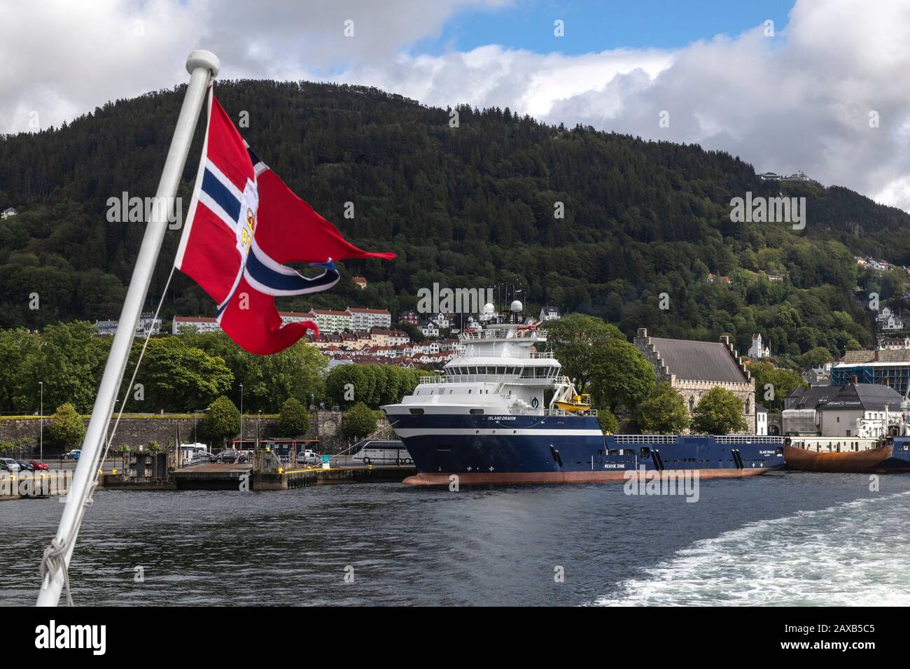 Offshore PSV fire fighting, stand-by vessel Island Dragon in the port ...