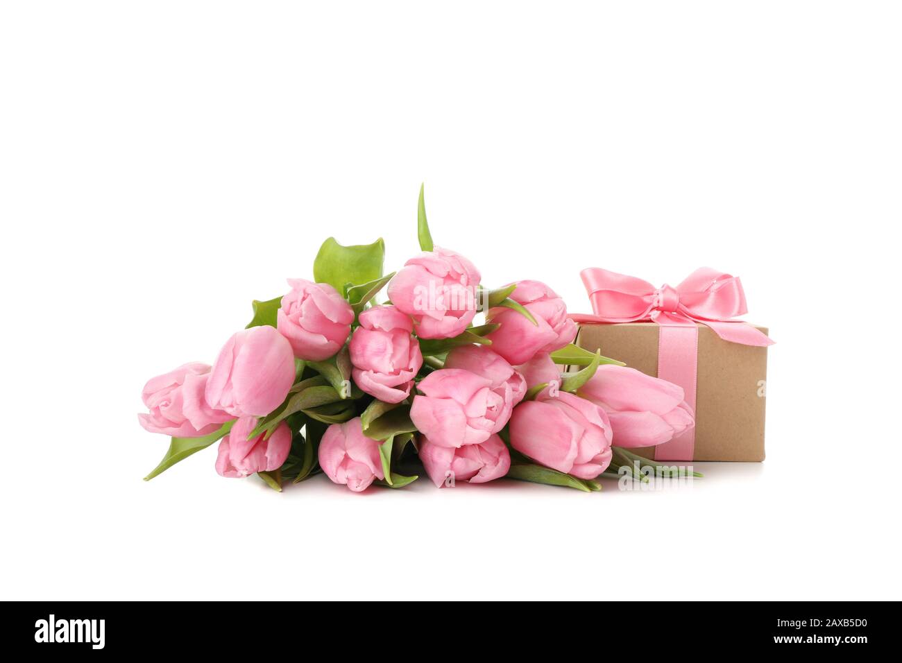 Bouquet of tulips and gift box isolated on white background Stock Photo ...