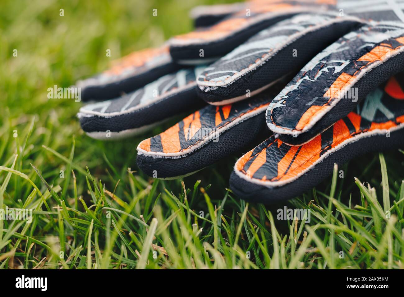 Goalkeeper Soccer Football Gloves Laying on Natural Soccer Grass Field