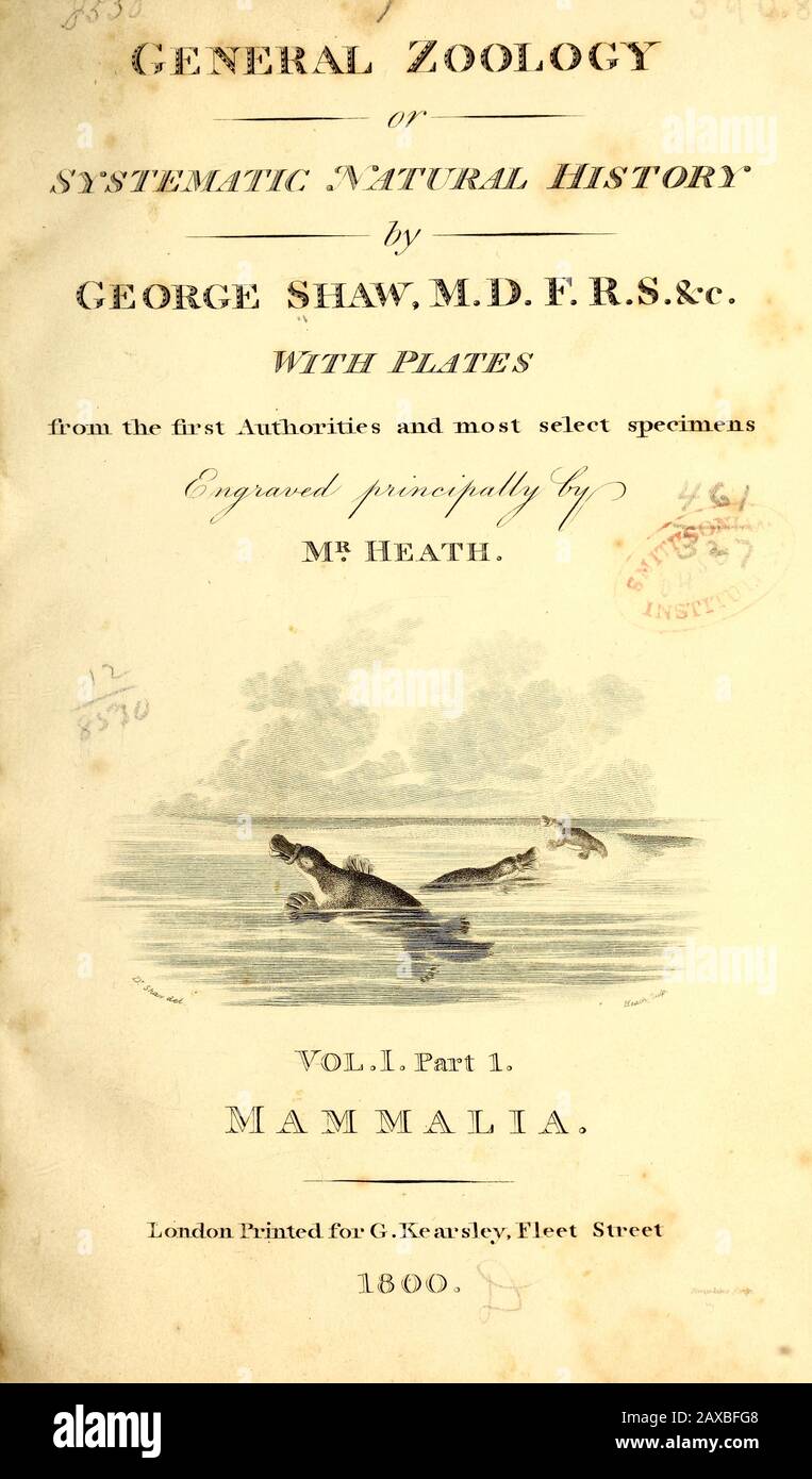 Title page General zoology, or, Systematic natural history Part I, by Shaw, George, 1751-1813; Stephens, James Francis, 1792-1853; Heath, Charles, 178 Stock Photo