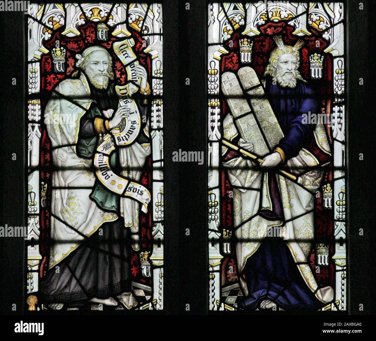 A stained glass window by C E Kempe & Co. depicting Enoch and Moses of the Old Testament, St Editha's Church, Church Eaton, Staffordshire Stock Photo