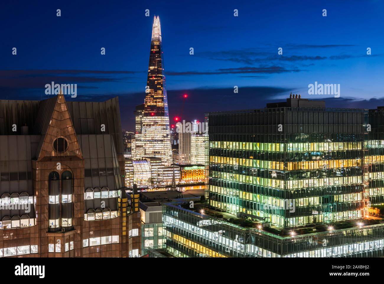 Elevated view of The Shard in London lit up at night Stock Photo