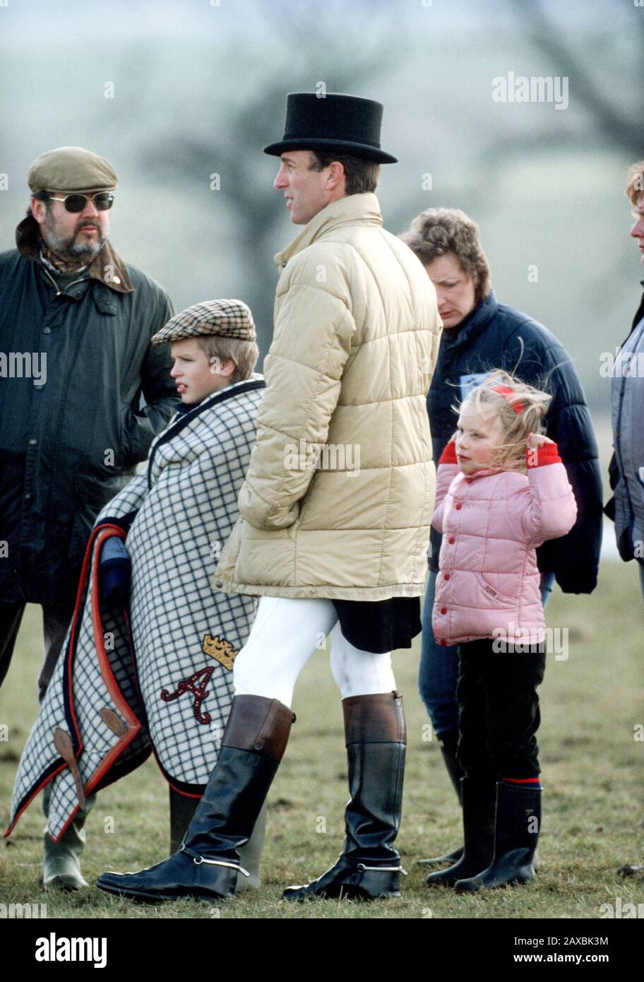 LtoR Peter Phillips, Mark Phillips and Zara Phillips at the Brigstock Horse Trials, England March 1987 Stock Photo