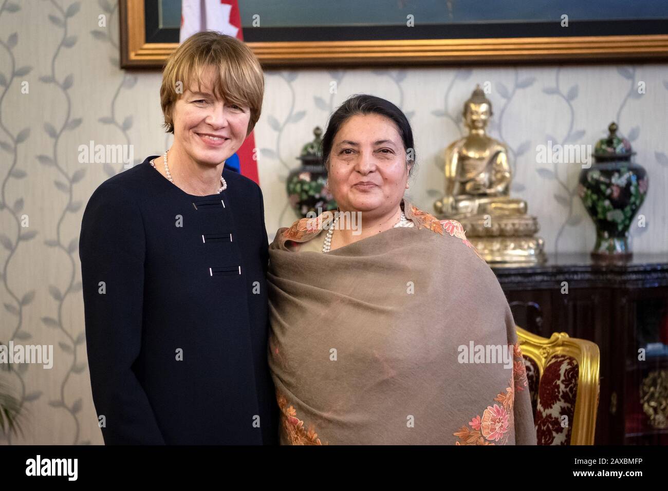 03 February 2020, Nepal, Kathmandu: First Lady Elke Büdenbender, wife of the German Federal President, meets Bidhya Devi Bhandari, President of Nepal. About five years after the severe earthquake in Nepal, Büdenbender travels to the Himalayan country as patroness of Unicef. Photo: Sina Schuldt/dpa Stock Photo