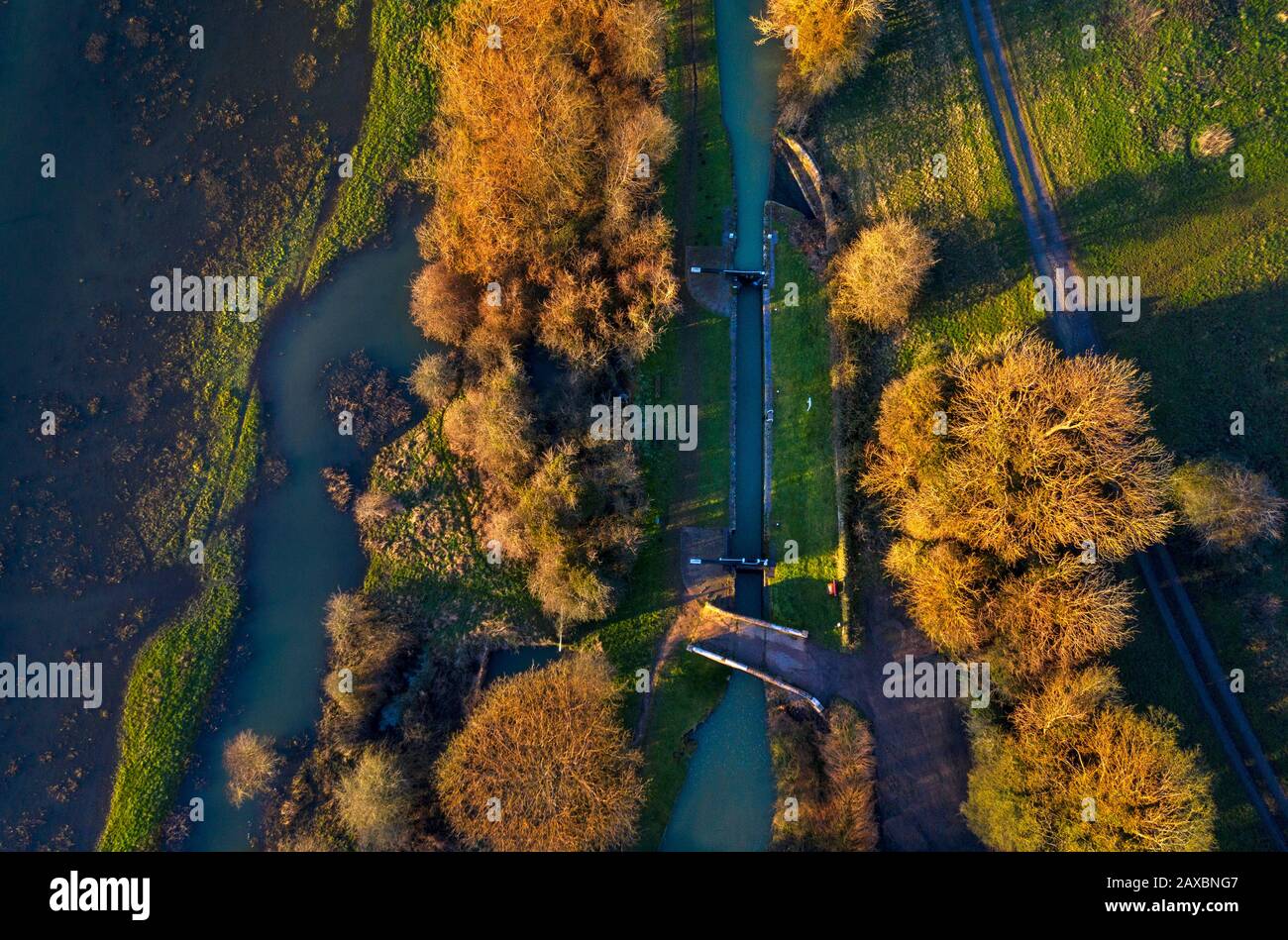 lock from above with drone on Oxford canal,Oxfordshire Stock Photo
