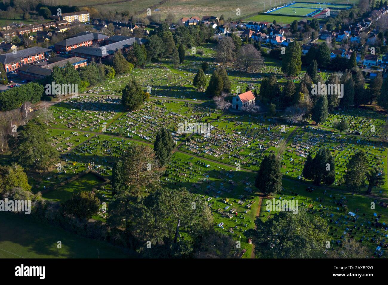 Wolvercote Cemetery from the air where J R R Tolkien is buried , Banbury Road,Oxford,England Stock Photo