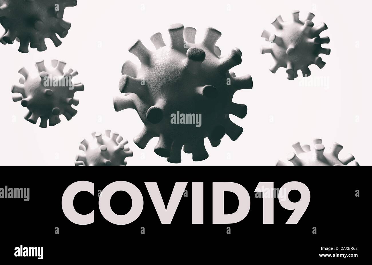 Covid 19 text. Flu China coronavirus floating, micro view, pandemic virus infection, asian flu concept. 3d illustration Stock Photo
